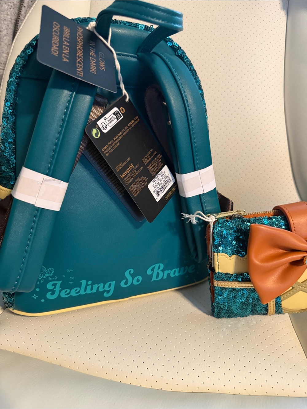 Loungefly Merida of Brave. Teal Sequin Backpack and Wallet Set with Orange Bows - Picture 4 of 4